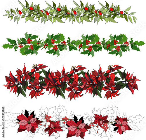 Set of Christmas ornaments from mistletoe, holly and poinsettia on a white background. Vector brushes for illustrator.