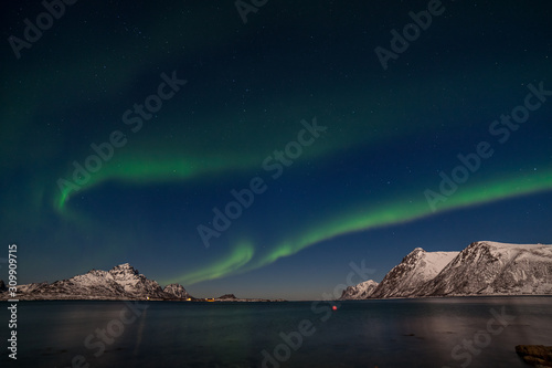 amazing aurora borealis  northern lights  over mountains in the North of Europe - Lofoten islands  Norway