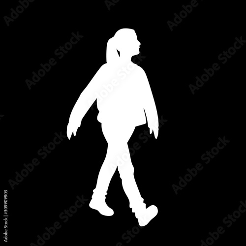 Girl taking a walk. White silhouette isolated on black background. Concept. Vector illustration of girl in street wear going for a stroll. Stencil. Monochrome minimalism.