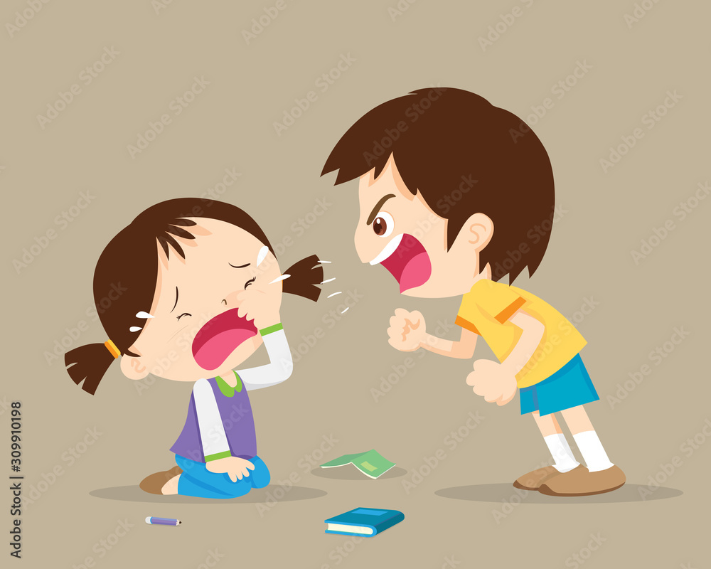 Angry boy shouting at cryng girl.bullying children Angry boy shouting at cryng girl.bullying children