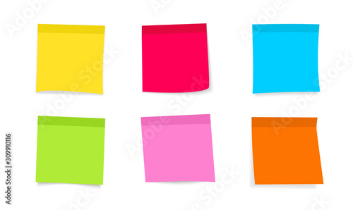 Post note sticker. Sticky colored notes with curled corner, ready for your message. Front view. Collection different colored sheets of note paper. Blank post stickies for message, to do list, memory