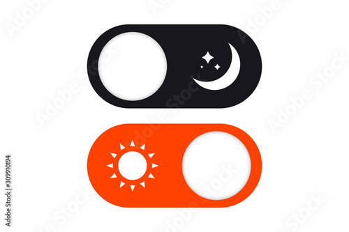 Day and Night Mode Switcher. On Off Switch Element for Mobile App, Web Design, Animation. Light and Dark Buttons. Switch to dark or light mode. Light and Dark Buttons