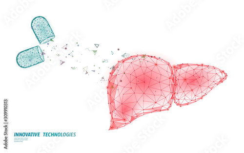 3D medicine liver medical treatment. Hepatitis warning human health diagnostics cirrhosis organ system. Medical therapy digestive infection virus protect drug concept. Low poly vector illustration.