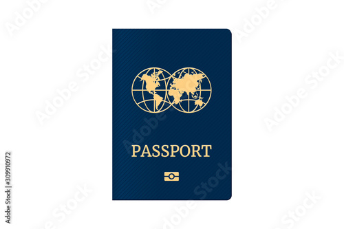 Passport with world map globe on blue cover. Biometric identification document for travel template. Vector illustration