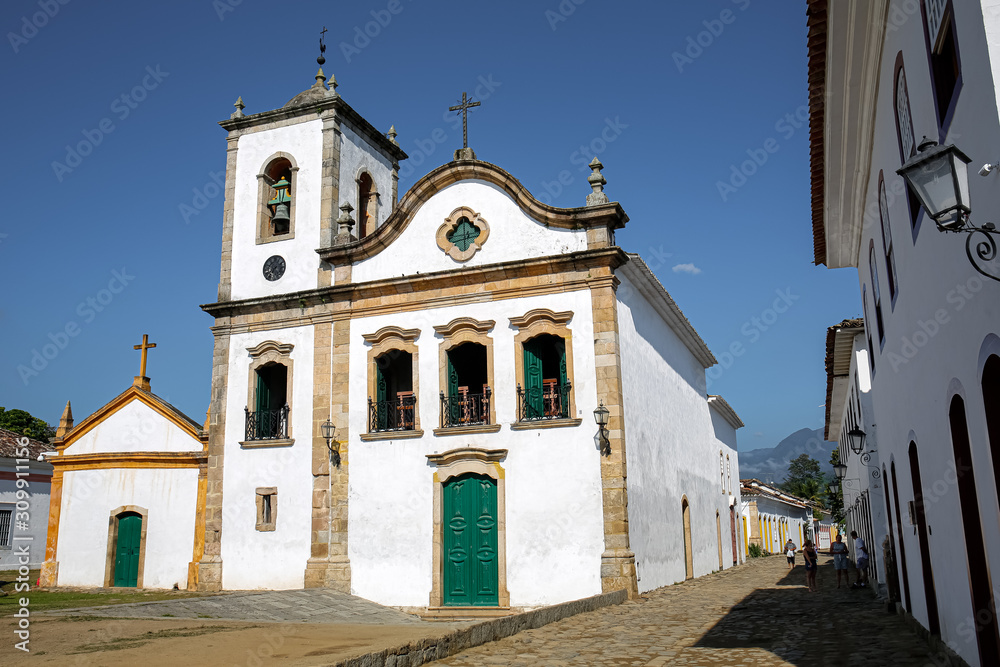 View to the historic church Igreja de Santa Rita (Santa Rita church) in Paraty, Brazil, Unesco World Heritage