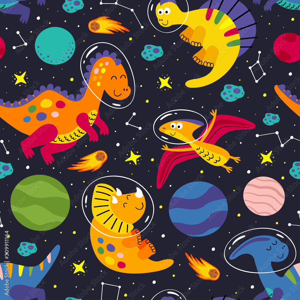 seamless pattern with a friendly dinosaurs in space seamless pattern with a friendly dinosaurs in space