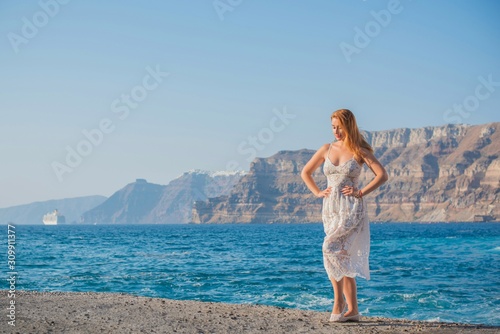 Pretty plus size nice young woman rest at sea, vacation and trip concept