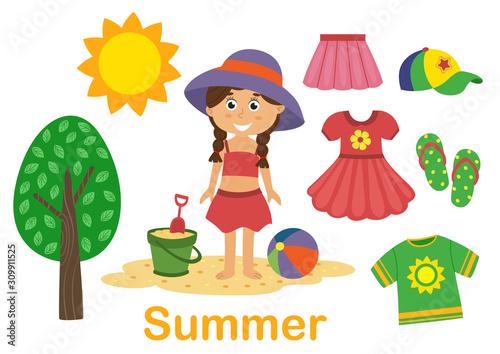 isolated summer  set with girl, tree and clothes - vector illustration, eps    