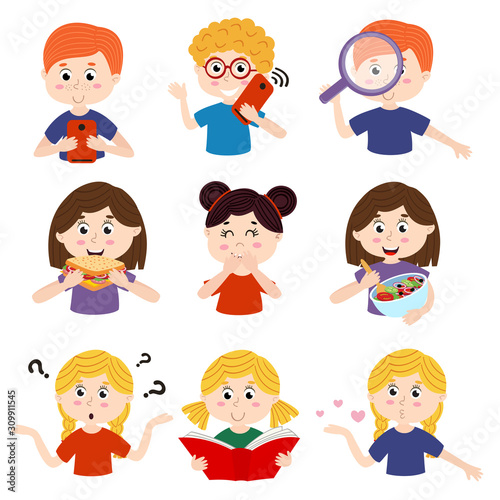 set of isolated kids with different actions  - vector illustration, eps    
