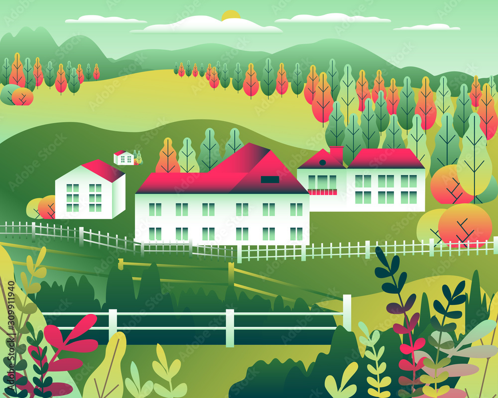 Naklejka Hills and mountains landscape, house farm in flat style design. Outdoor panorama countryside illustration. Green field, tree, forest, mountains, sky and sun. Rural location, cartoon vector background