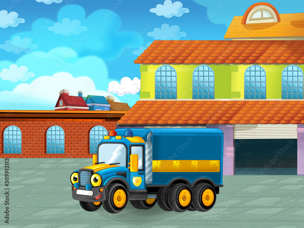 Fototapeta premium cartoon scene with car vehicle on the road near the garage or repair station - illustration for children