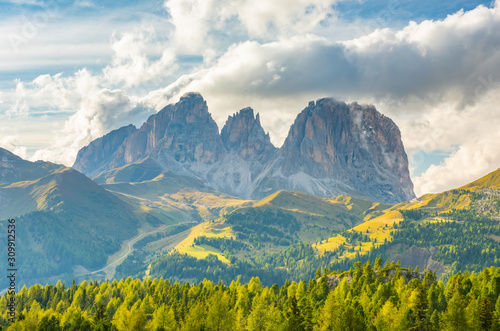 Mountain landscape of Sassolungo or Langkofel group  Dolomites mountains  Italy