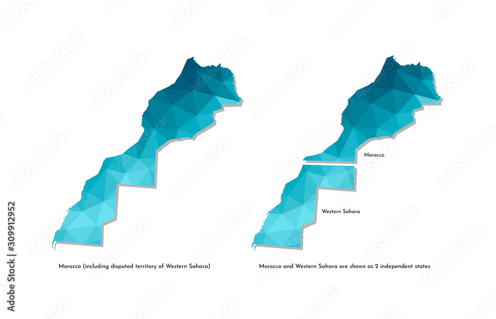 Vector isolated illustration icon with simplified blue silhouette of Morocco and Western Sahara (as 1 country and as 2 independent states). Polygonal geometric style