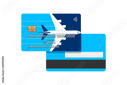 Miles bank card with airplane on blue cover front and back design template. Plastic credit card with bonuses for frequent air travel vector isolated illustration photo