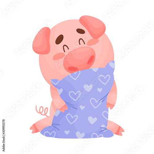 Cartoon Sleepy Pig Holding Pillow and Yawning Vector Illustration