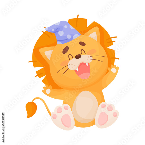 Cartoon Sleepy Lion Wearing Night Cap Sitting and Yawning Vector Illustration