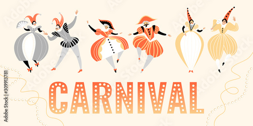 Carnival banner with funny characters in traditional  Italian costumes and headdresses. photo