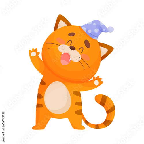 Cartoon Sleepy Cat Wearing Night Cap Standing and Yawning Vector Illustration