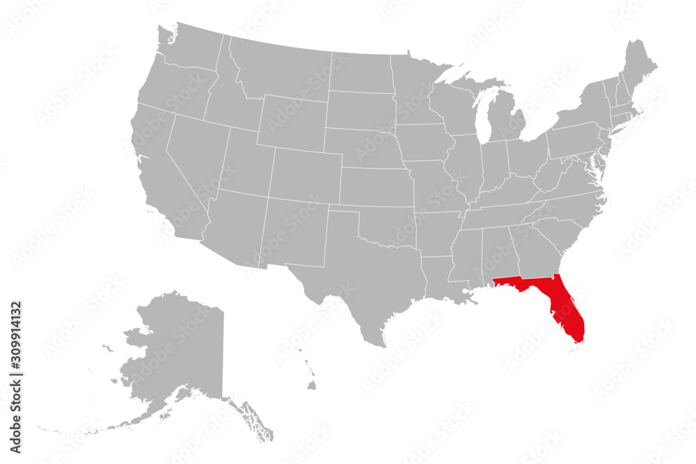 Florida highlighted red US map vector illustration. Gray background. United states political map.