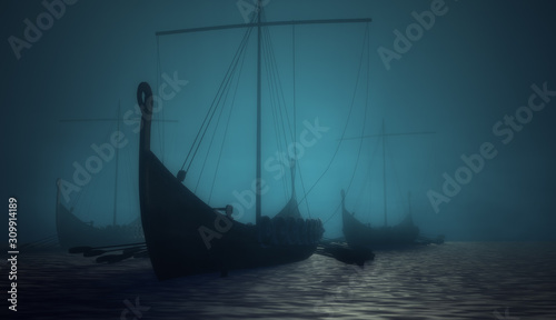 Vikings ships in the blue deep fog photo