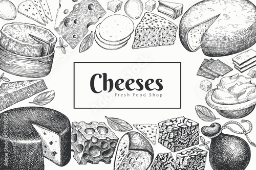 Cheese design template. Hand drawn vector dairy illustration. Engraved style different cheese kinds banner. Vintage food background.