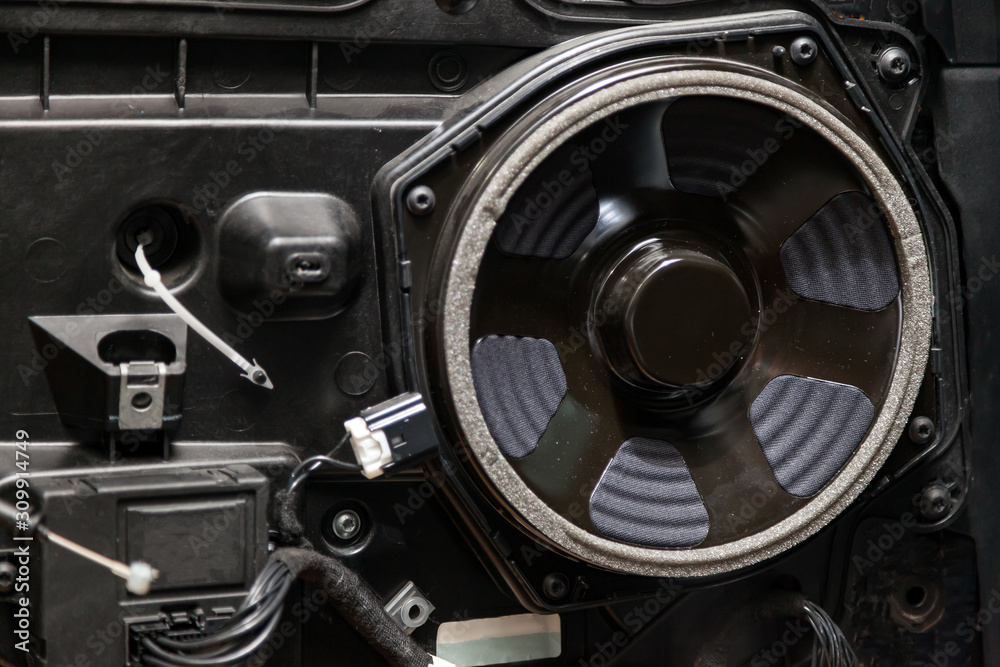The multiband speaker of the audio system in the door with the car trim removed is connected with a connector for high-quality sounding of acoustics during music playback. The multiband speaker of the audio system in the door with the car trim removed is connected with a connector for high-quality sounding of acoustics during music playback.
