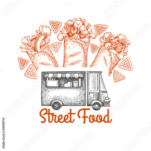 Street food van logo template. Hand drawn vector truck with fast food illustration. Engraved style burrito truck retro design.
