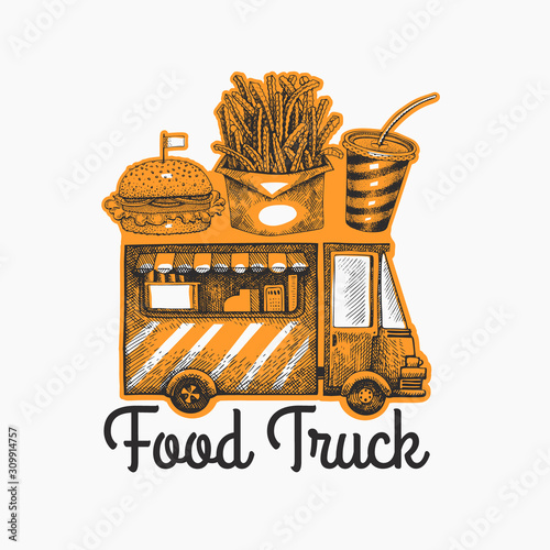Street food van logo template. Hand drawn vector truck with fast food illustration. Engraved style retro design.