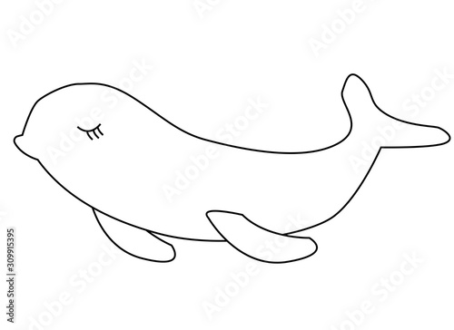 Sea life. Vector illustration. Cute beluga Best for children coloring. Black and white. Stroke. Underwater world, marine animals. Hand drawn cute. Isolated on white background