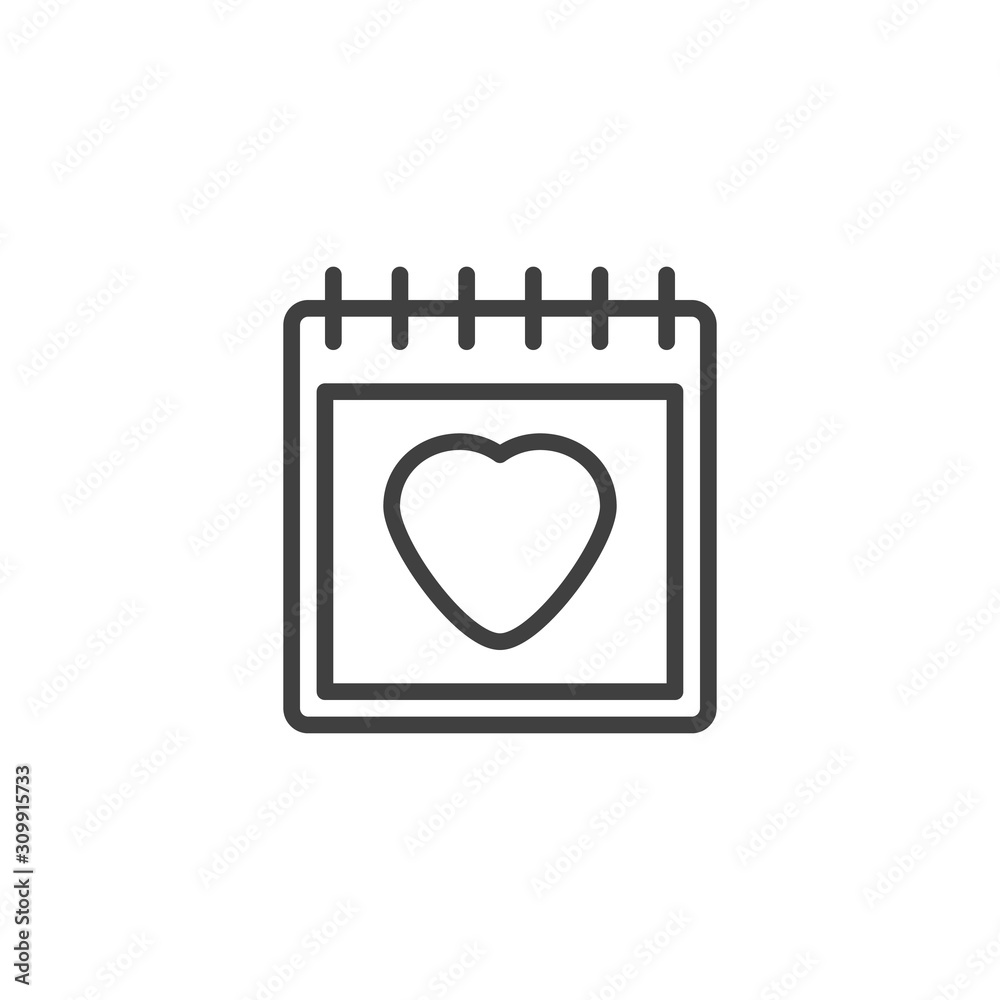 Happy valentine's day calendar line icon. linear style sign for mobile concept and web design. Calendar with heart page outline vector icon. Symbol, logo illustration. Vector graphics Happy valentine's day calendar line icon. linear style sign for mobile concept and web design. Calendar with heart page outline vector icon. Symbol, logo illustration. Vector graphics