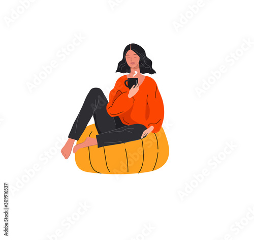 Set of beautiful girl in daily life scene. Young woman resting in armchair or ottoman and drinking coffee or wine . Flat cartoon vector