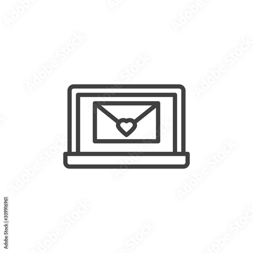 Laptop with love mail line icon. linear style sign for mobile concept and web design. Laptop screen with heart envelope outline vector icon. Valentine day symbol, logo illustration. Vector graphics