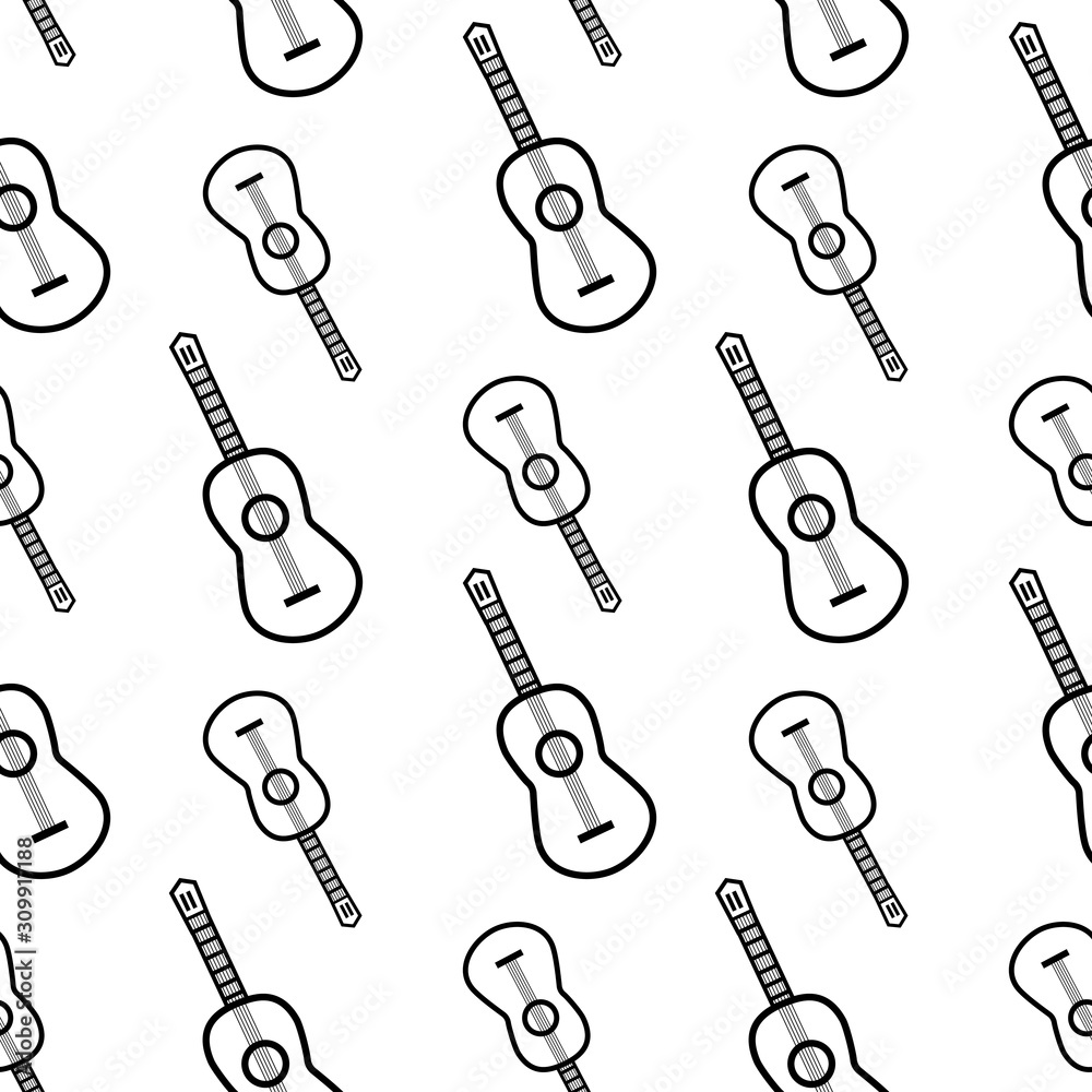 Naklejka premium Guitar seamless pattern for banner, poster, card, album cover, wrapping paper, packaging, textile. Vector rock ornament with black guitar silhouettes on the white background