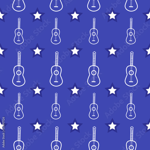 Seamless pattern with repeat guitars and stars on the blue background. Music ornament for banner, poster, card, album cover, wrapping paper, packaging. Vector illustration