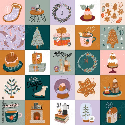 Christmas advent calendar, Cute hand drawn style. Twenty five christmas countdown tags with scandinavian illustrations. Vector.