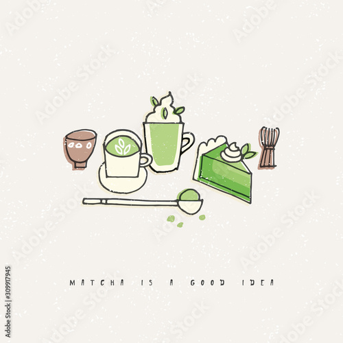 Vector illustration of matcha tea products. Hand draw set of tea, coffee and sweets.