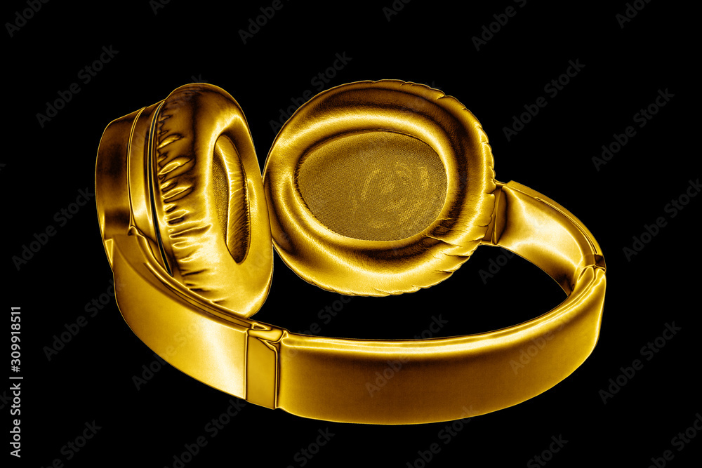 Golden wireless headphones on black background isolated close up, gold metal bluetooth headset, modern wi-fi yellow earphones,  music symbol, stereo sound sign, electronics logo, audio gadget icon