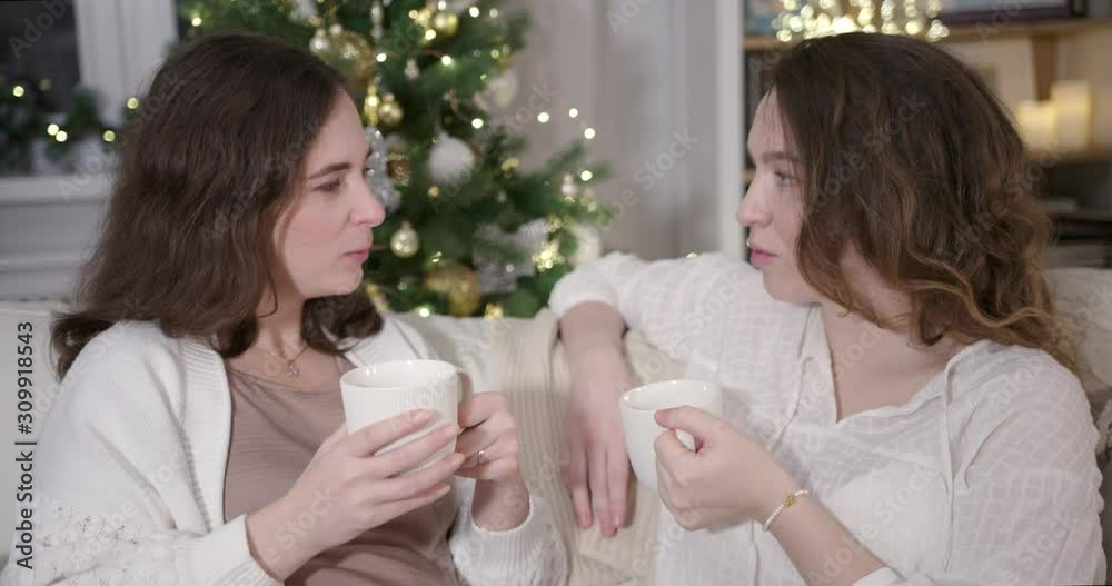 Close-up Portrait of two Women are Talking with Coffee Cups in their Hands, sitting on the Sofa. Christmas tree and white interior on the background. Close-up Portrait of two Women are Talking with Coffee Cups in their Hands, sitting on the Sofa. Christmas tree and white interior on the background.