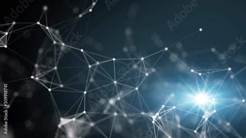 Technology network and communication with line and dot moving with transfer information data line and dot on blue background. Abstract connection concept. 4K