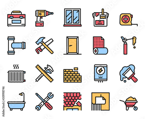 Home renovation and repair color linear icons set