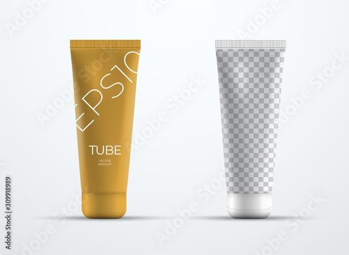 Two vector mockup of a realistic plastic tube for cream or liquid with a cap.