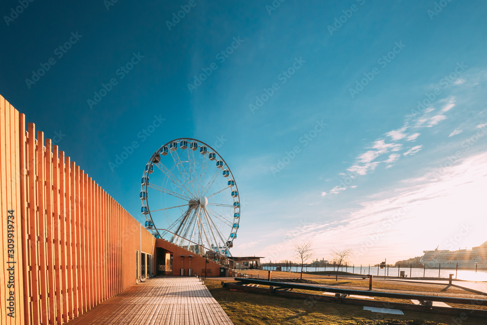 Helsinki, Finland. View Of Embankment With Ferris Wheel In Sunny Day