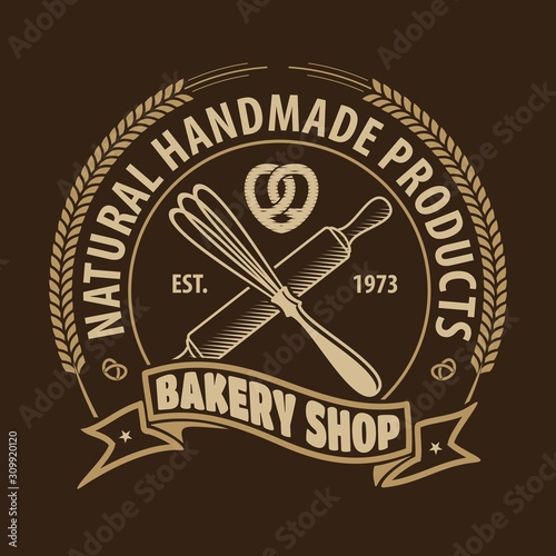 Bakery or bread shop logo design template with Whisk and Rolling pin. Vector illustration
