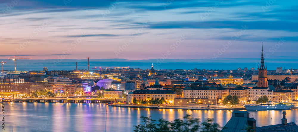 Stockholm, Sweden. Night Skyline With Famous Landmarks. Panorama, Panoramic View Of Stockholm Cityscape. Famous Landmarks, UNESCO World Heritage Site