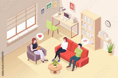 Couple at psychologist counseling, vector isometric illustration of people at psychologist counselor couch. Man and woman at psychology counseling session for relationship crisis and family problem