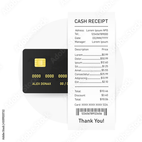 Realistic cash receipt and banking card on white background. Vector illustration.