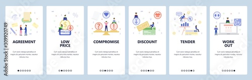 Mobile app onboarding screens. Business deal agreement, price discount, financial chart. Menu vector banner template for website and mobile development. Web site design flat illustration