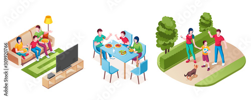 Family happy time together  vector isometric design. Mother and father with son watching TV on sofa with pizza o popcorn  eating lunch or dinner and walking in park with dog  family life and activity