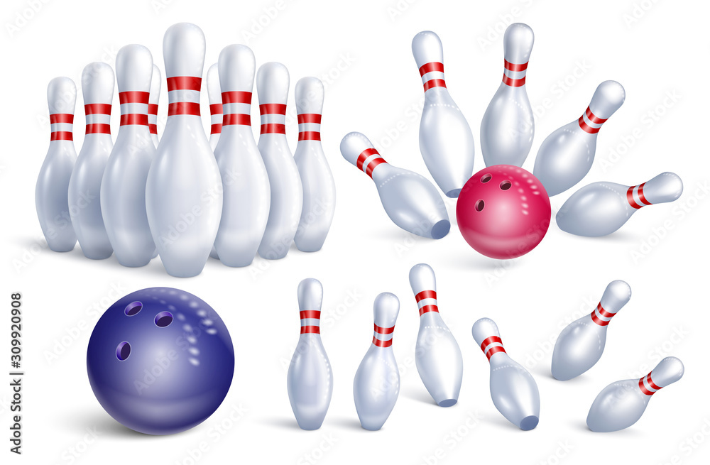 Set of realistic bowling icons. Skittles, balls, dynamic composition. Falling pins. Isolated on a white background. Vector stock illustration. Set of realistic bowling icons. Skittles, balls, dynamic composition. Falling pins. Isolated on a white background. Vector stock illustration.