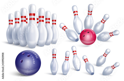Set of realistic bowling icons. Skittles, balls, dynamic composition. Falling pins. Isolated on a white background. Vector stock illustration.
